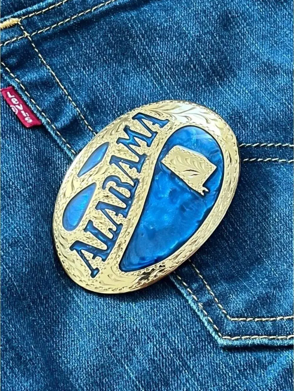 Vintage Award Design Metals Alabama Belt Buckle, Gold Tone Blue Inlay, USA Made